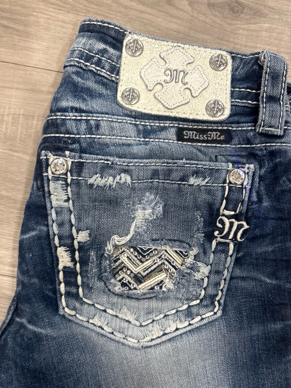 Miss Me Women's Blue Distressed Skinny Jeans with Embellished Pocket